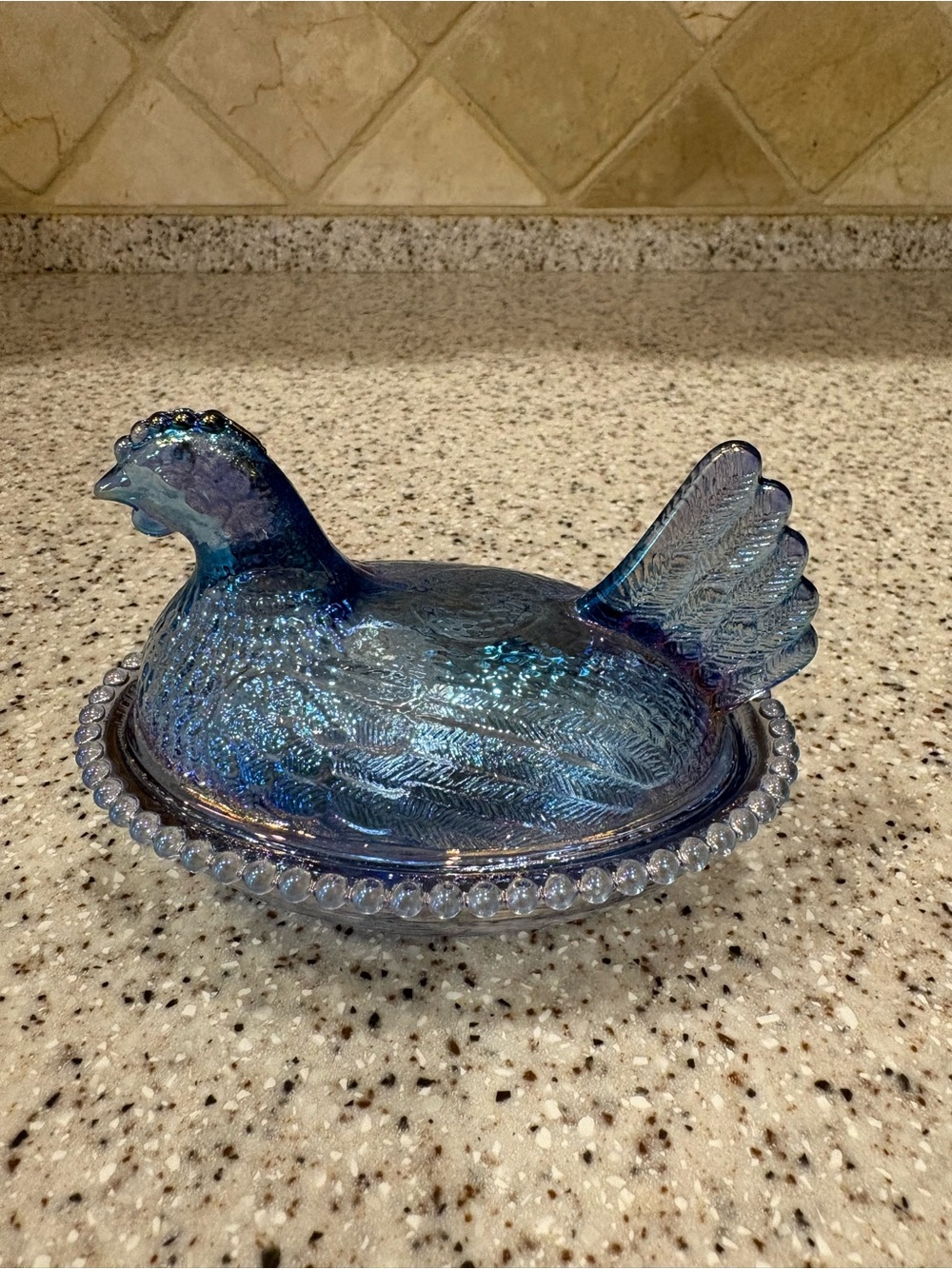 Blue Iridescent Glass Hen on Nest Dish - Decorative Home Art